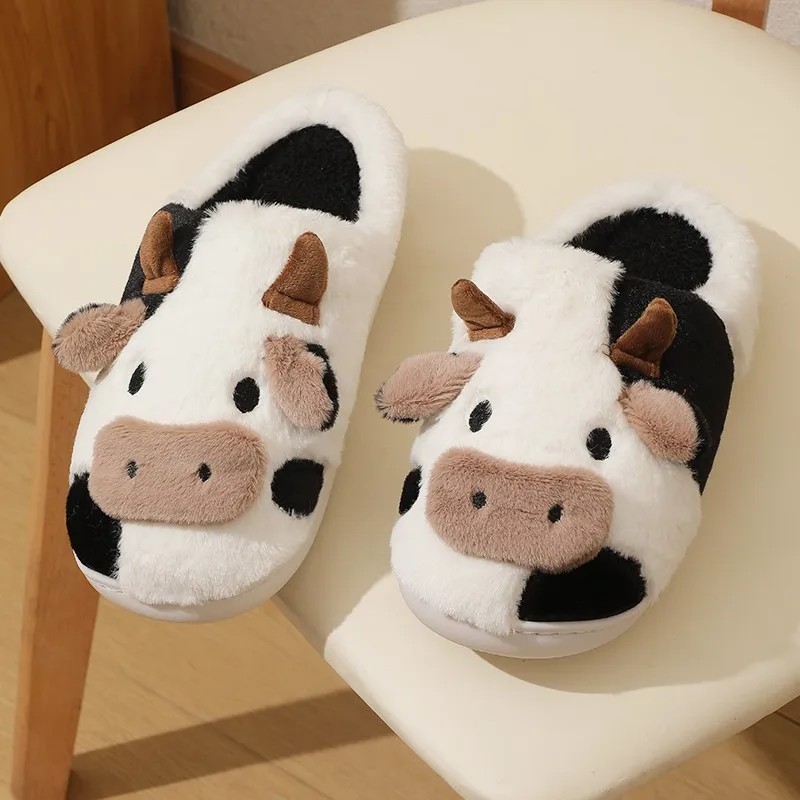 Color: Khaki, Shoe Size: 44 - New Winter Unisex Cartoon Cow Warm Plush Slippers Couple's Indoor Non-slip House Mule Men And Women Toe Wrap Home Cotton Shoes