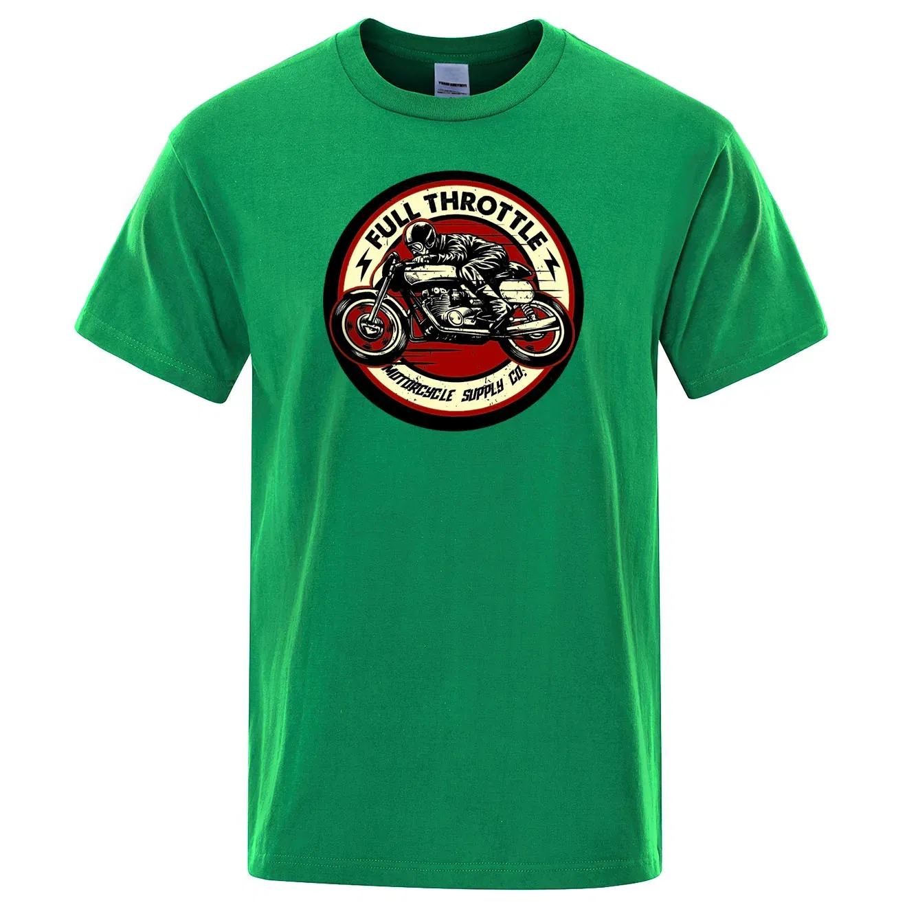 Color: green, Size: L - Full Throttle Cafe Racer Rockabilly Biker Printed T-Shirt Men Fashion Casual Short Sleeve Loose Cotton Tshirt Summer Loose Tees