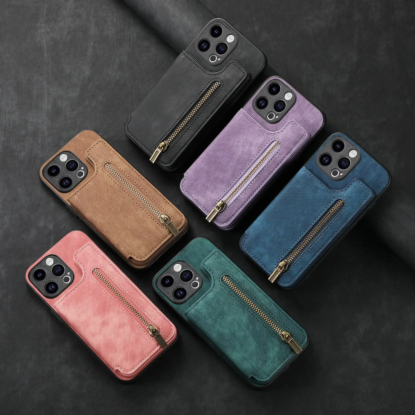 Color: black, Material: POLYESTER - Leather Zipper Wallet with Card Holder Phone Case for IPhone 15 14 11 Pro Max 13 12 Mini X XR XS Max 8 7 Plus Shockproof Cover
