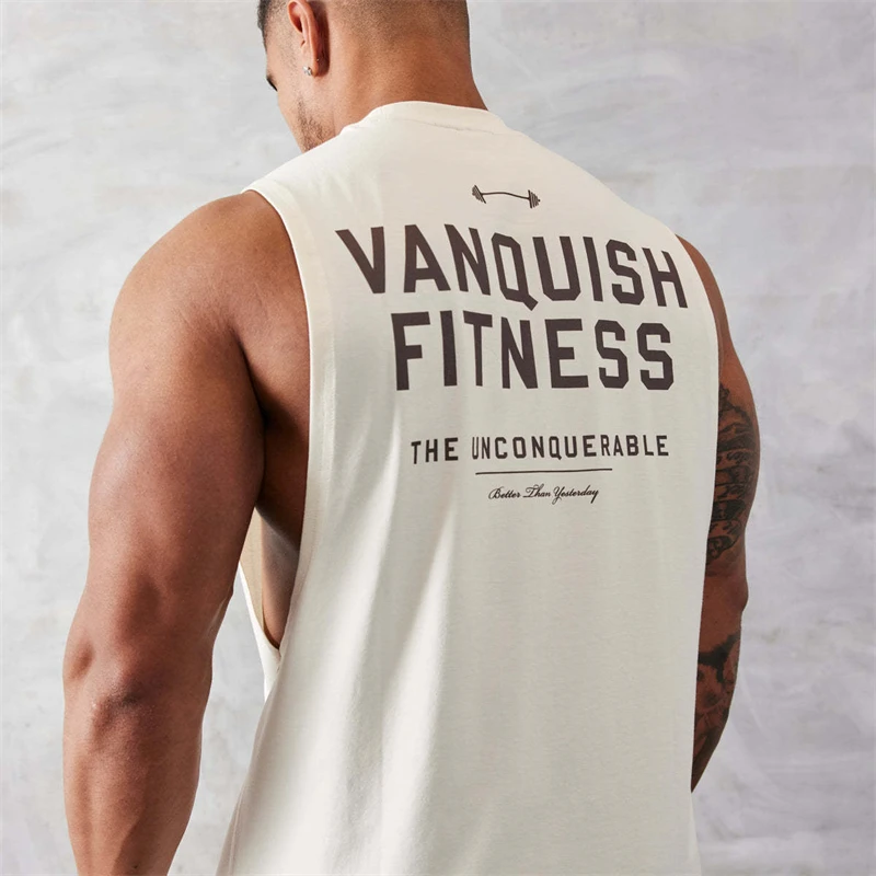 Color: WHITE, Size: L - Gym exercise fitness sports men's vest cotton wide shoulder round neck sleeveless shirt slim casual men's wear