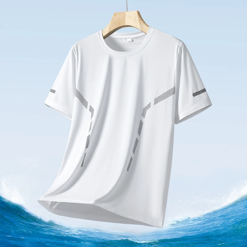 Color: Turquoise, Size: L - Men's Silk Ice Round Collar T-shirt, Simple Running Fitness Suit, Breathable Thin T-shirt, Quick Dry T-shirt, Summer