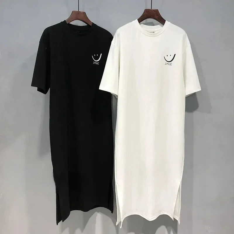 Size: L, Color: WHITE - Women's Summer New Short Sleeved T-shirt Dress Loose Mid Length Over Knee Dress