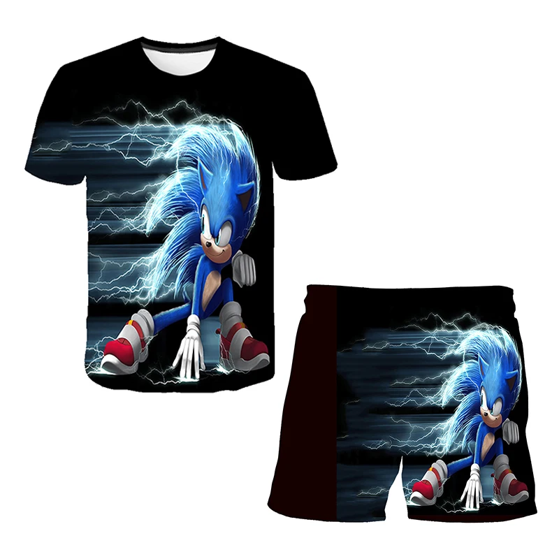 Color: VIOLET/?«?—?…°, Size: 12cm - New Japanese cartoon Sonic T-shirt children's top T-shirt shorts two-piece set summer boy cartoon cute T-shirt+beach pants