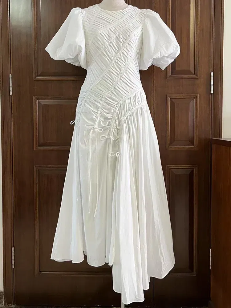 Color: Light Green, Size: L - 2025 summer women's new round neck lantern short sleeve irregular stitching drawstring dress slim dinner temperament long dress