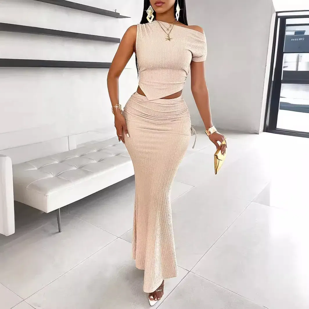 Color: APRICOT, Size: L - Women Two Piece Sets Fishtail Skirt Set Dress Sets Sexy Bodycon One Shoulder Short Tops Long Skirts High Waist Elegant Splice