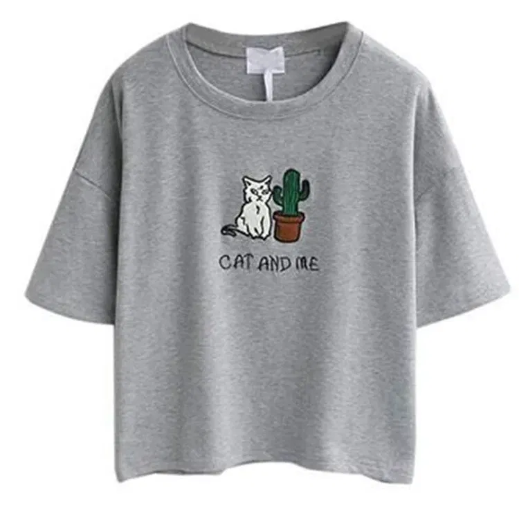 Color: GRAY, Size: XL, Ships From: CHINA - 2021 Summer Cotton Short Sleeved Crop Top T-shirt Femme Embroidered Cat T Shirts Cartoon Women Fashion Cactus Top Tee T Shirt