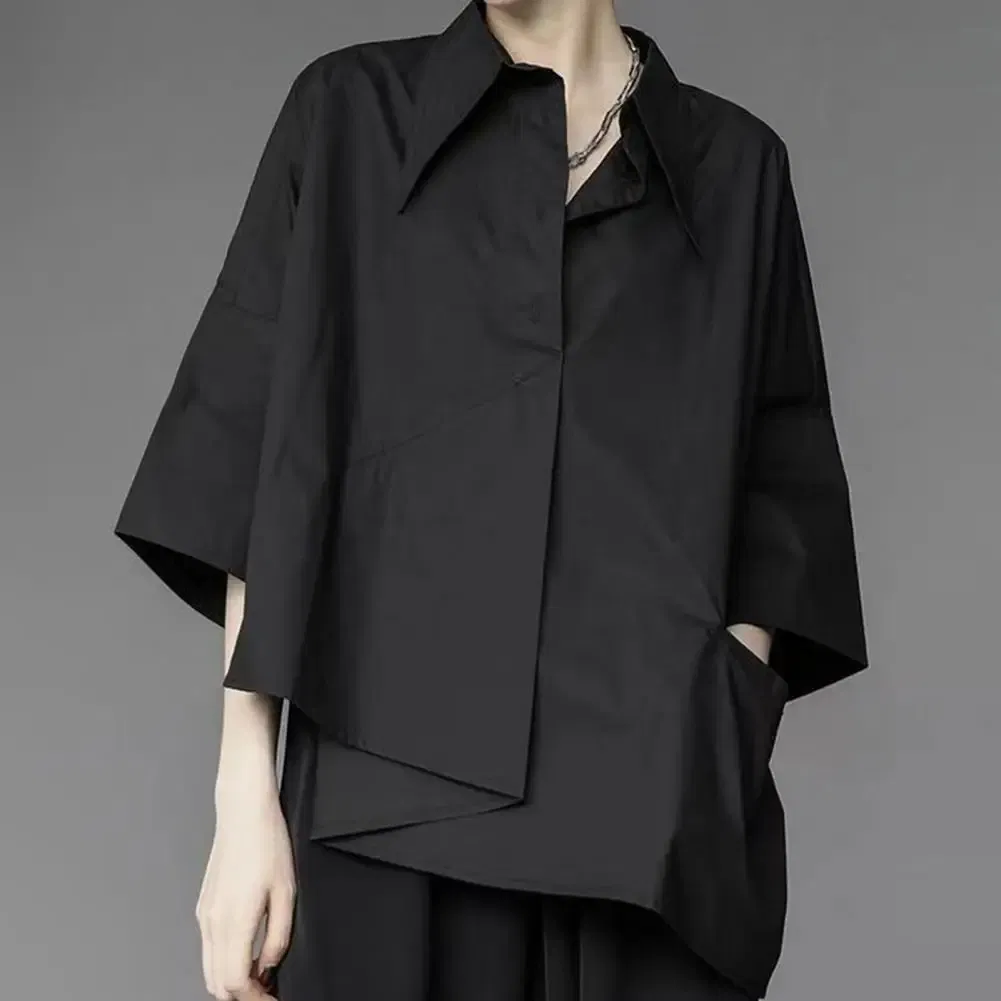 Color: Red, Size: XXL - Men Shirts Irregular Hem Black White Shirts Single Breasted Shorts Sleeves Handsome Blouse Men Women Tops Summer Spring Shirts