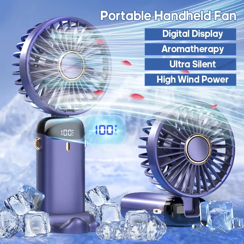 Color: Burgundy - USB Handheld Mini Fan Foldable Portable Neck Hanging Fans 5 Speed USB Rechargeable Fan with Phone Stand and Display Screen