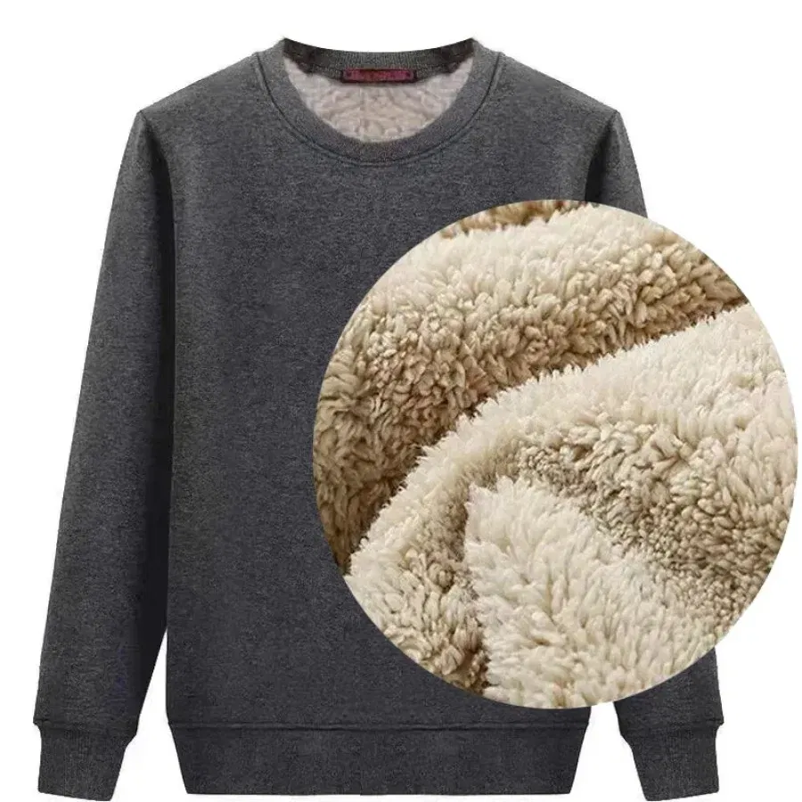 Color: black, Size: 5XL - Winter Men Fleece Sweatshirts Keep Warm Underwear Casual Solid Color Pullover Lambswool O-neck Thickened Thermal Underwear Tops