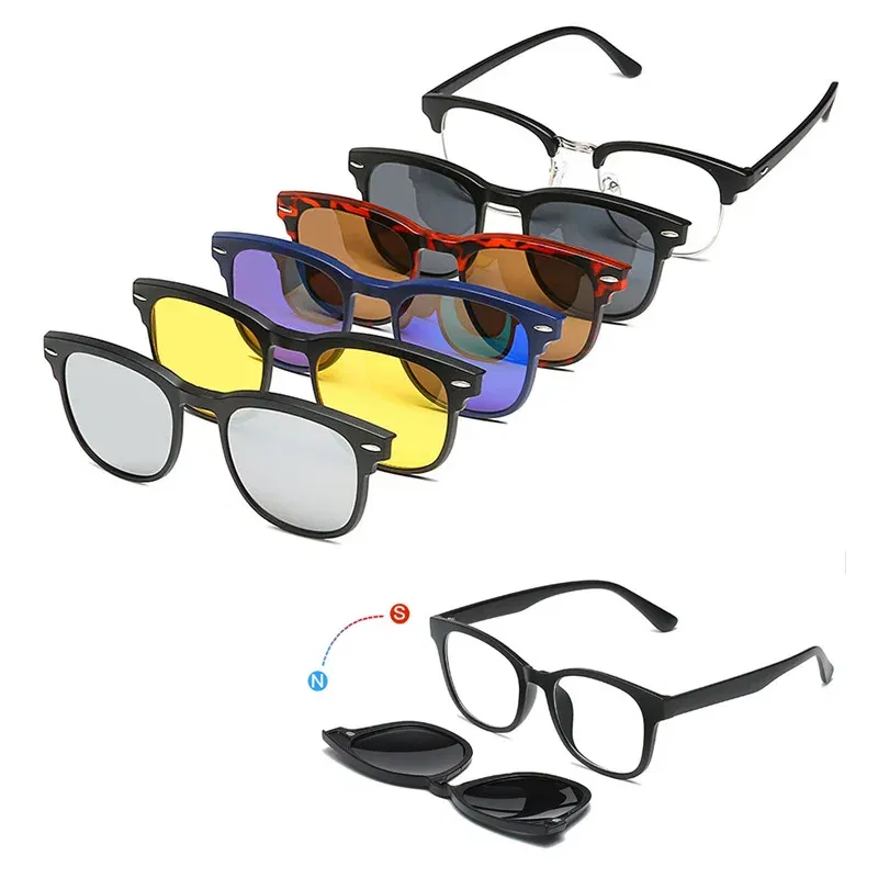 Lenses Color: Ginger, Ships From: CHINA, Frame Color: WHITE - 6 In 1 Spectacle Frame Men Women With 5 PCS Clip On Polarized Sunglasses Magnetic Glasses Male Computer Optical 2201
