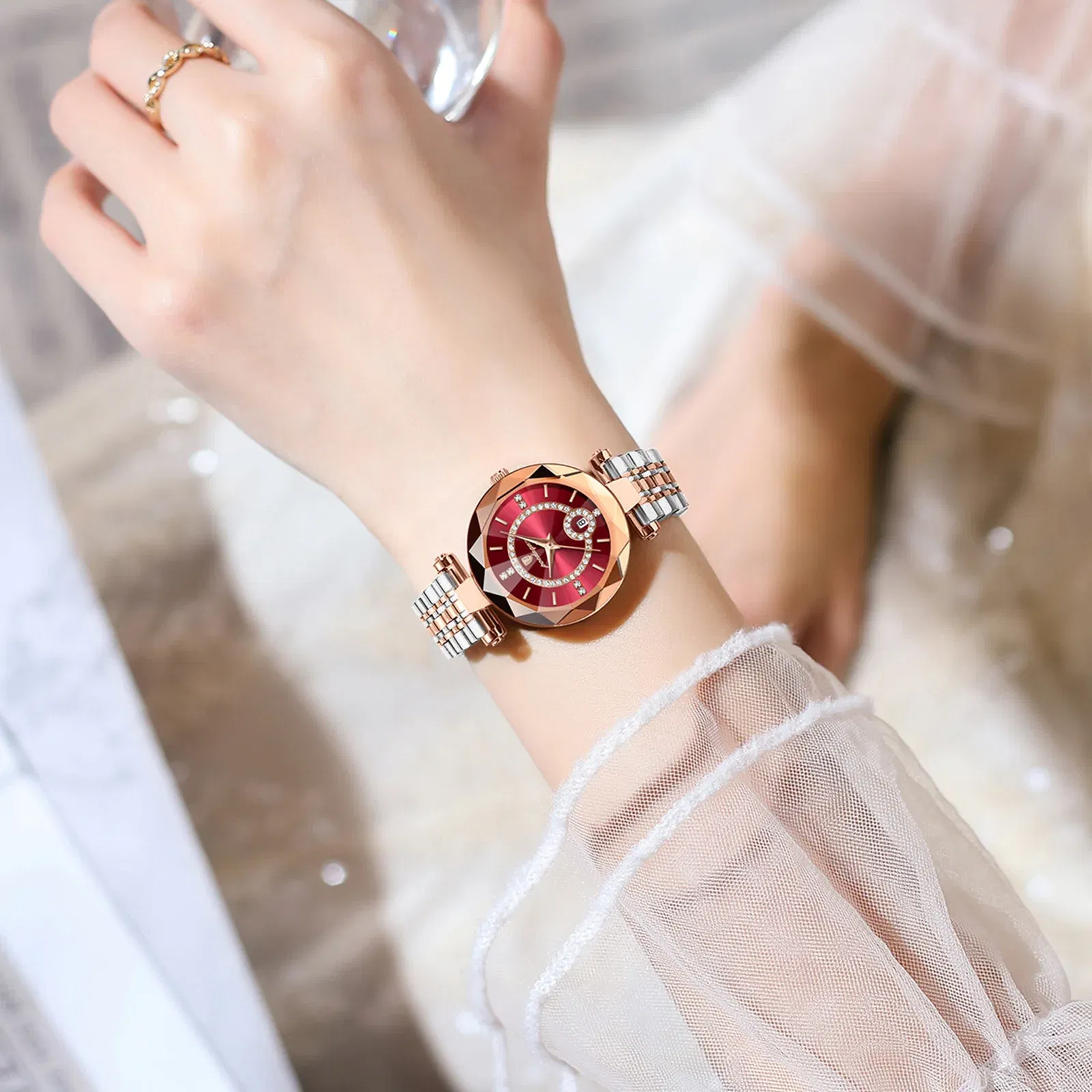 Color: Coffee - POEDAGAR Luxury Watch For Woman High Quality Diamond Ladies Quartz Watch Waterproof Date Stainless Steel Women Watches reloj+box