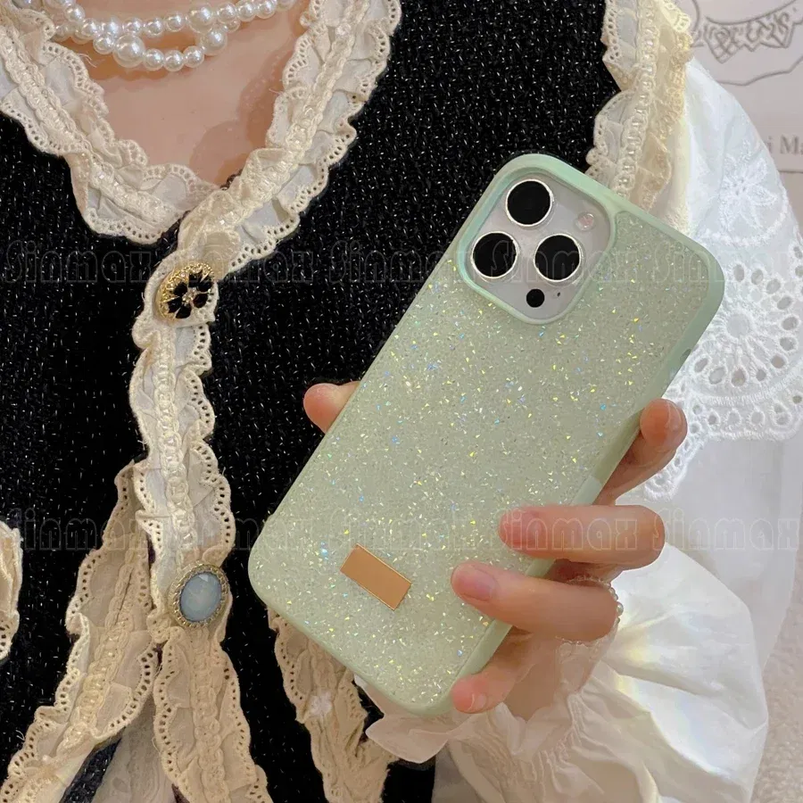 Color: green, Material: aluminum - Bling Glitter Phone Case For iPhone 16 15 14 13 12 Pro Max 11 Vogue Protective Soft Diamond Cover Coque Funda