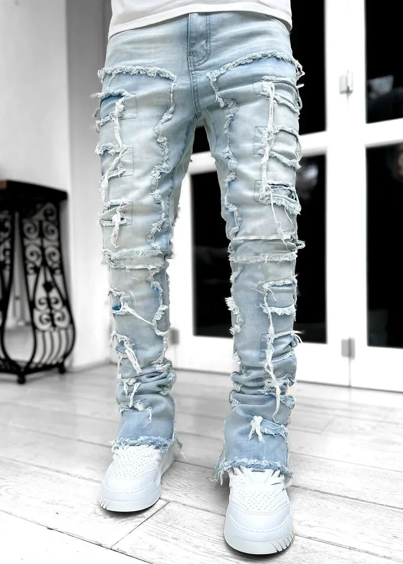 Color: army green, Size: M - Men's Regular Fit Stacked Jeans Ripped Slim Fit Patch Distressed Destroyed Straight Denim Pants Hip Hop Streetwear Trouser Cloth