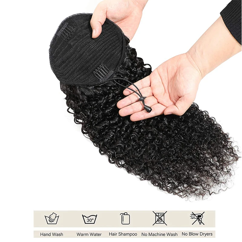 Color: Natural Color - Synthetic Drawstring Curly Ponytail Extension for African Women Short Afro Kinky Ponytail Extension