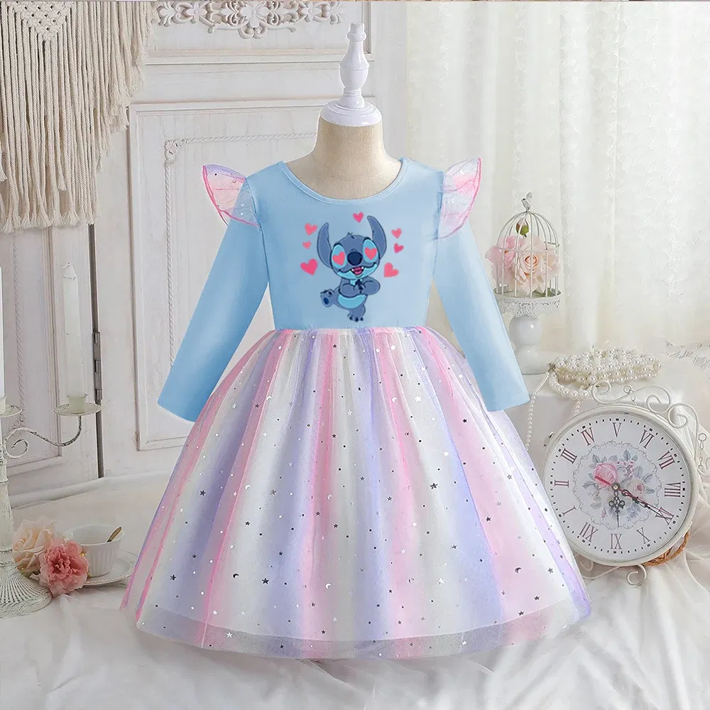 Color: Silver, Kid Size: 5 - Stitch Princess Dress Autumn New Disney Baby Girls Dress Spring Autumn Long-sleeved For Children Kids Clothes Birthday Party