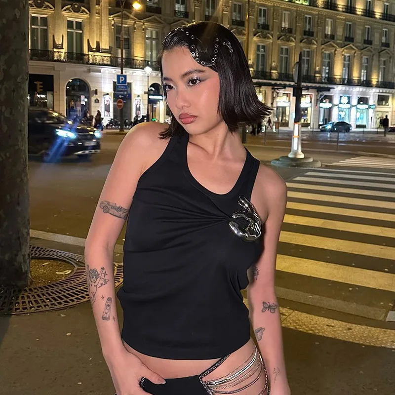 Color: black, Size: L - Women's Personalized Fashion Personalized Shrink Tank Top Sexy Solid Color OK Pattern Tank Top