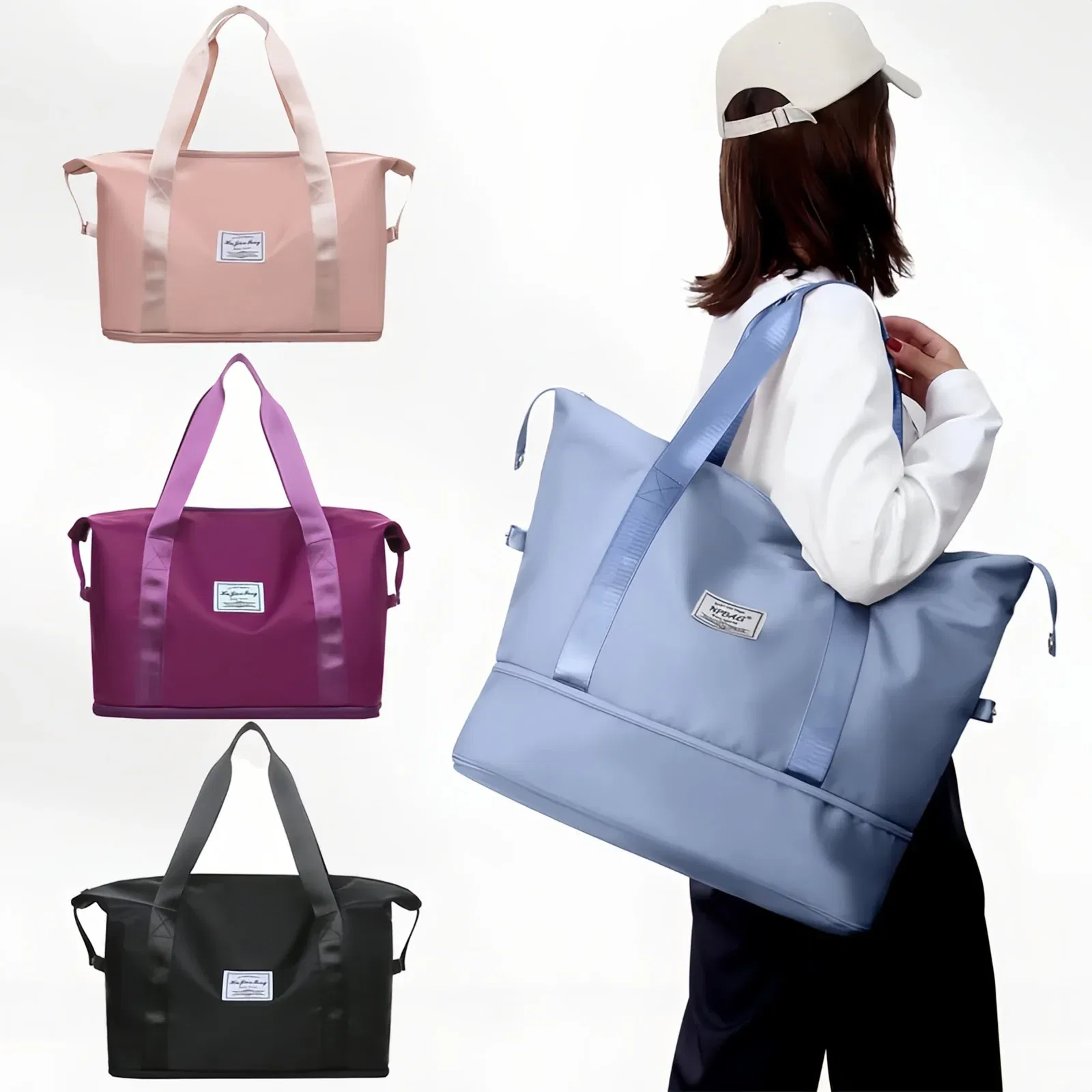 Color: PURPLE - Double-layer expandable large-capacity luggage bag, new multi-functional foldable portable gym bag, sports travel bag-tan
