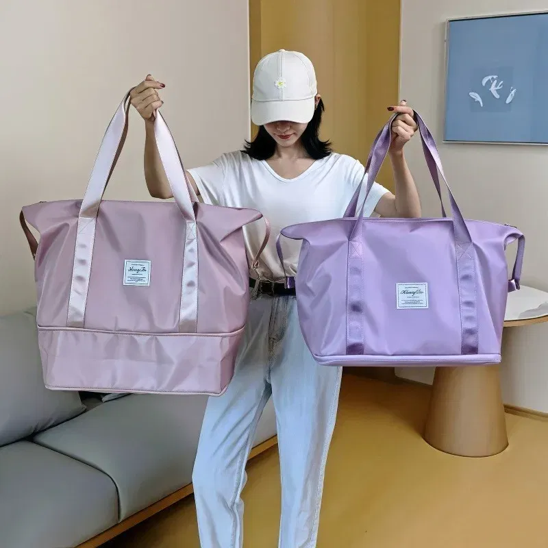 Color: PURPLE - Double-layer expandable large-capacity luggage bag, new multi-functional foldable portable gym bag, sports travel bag-tan