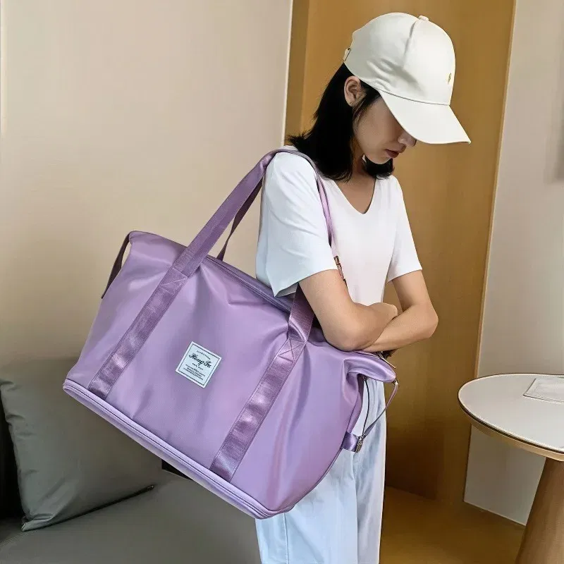 Color: PURPLE - Double-layer expandable large-capacity luggage bag, new multi-functional foldable portable gym bag, sports travel bag-tan