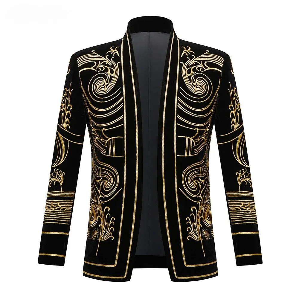 Color: black, Size: L - European and American Sizing Velvet Embroidered Men's Nightclub and Bar Performance Costumes, Dance Party Singer Gowns, Blazer