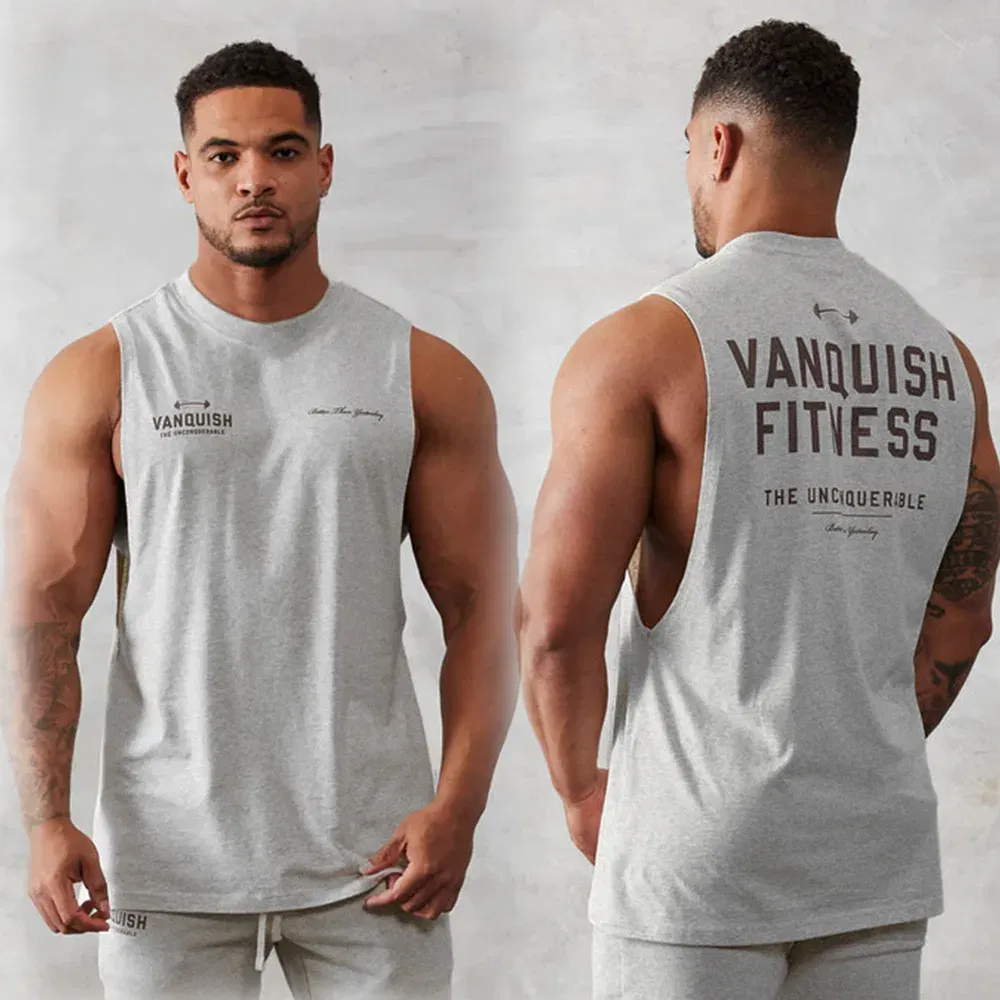 Color: GRAY, Size: XL - Gym exercise fitness sports men's vest cotton wide shoulder round neck sleeveless shirt slim casual men's wear