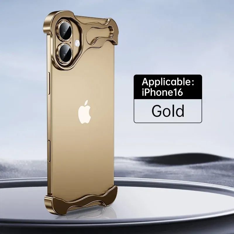 Color: Gold, Material: Silicon - Aluminum Metal Rimless Phone Case for iPhone 16 15 14 Plus 13 12 Pro Max Lens Protective Film Hollow Logo Cooling Accessory Case
