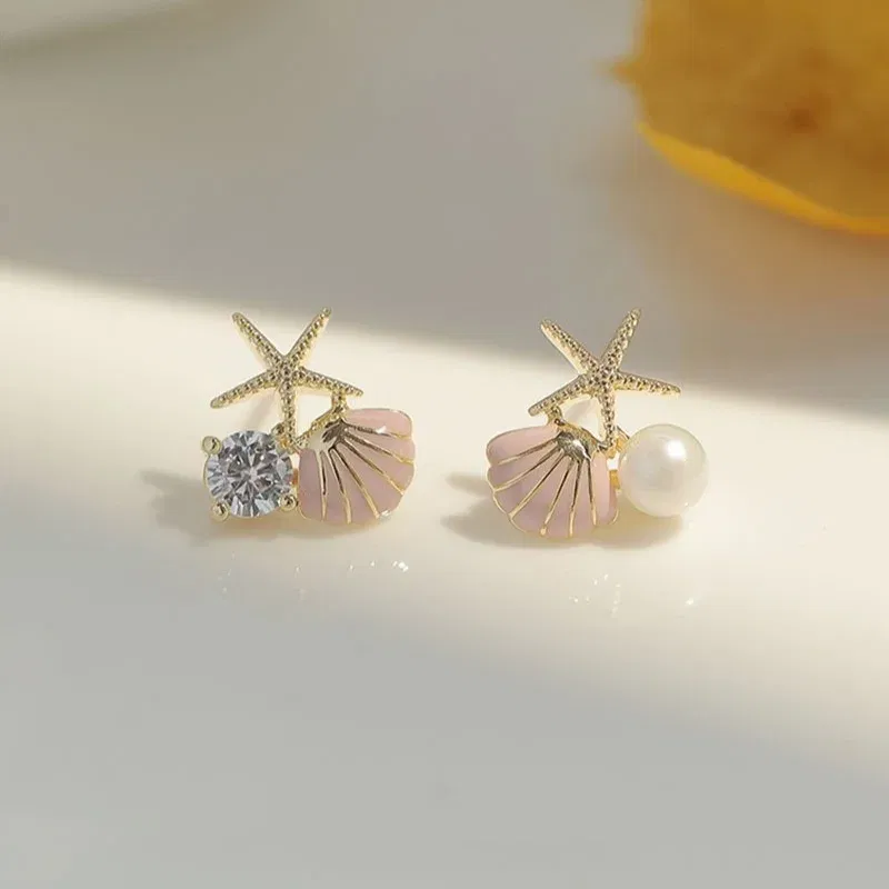 Metal Color: Light Yellow Gold Color - New Starfish Shell Imitation Pearl Enamel Asymmetric Stud Earrings For Women Girl Wedding Jewelry Lady Temperament Pendientes