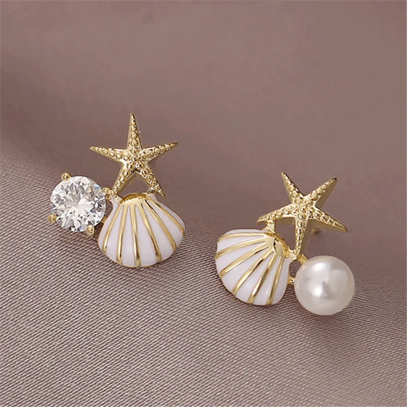Metal Color: Light Yellow Gold Color - New Starfish Shell Imitation Pearl Enamel Asymmetric Stud Earrings For Women Girl Wedding Jewelry Lady Temperament Pendientes