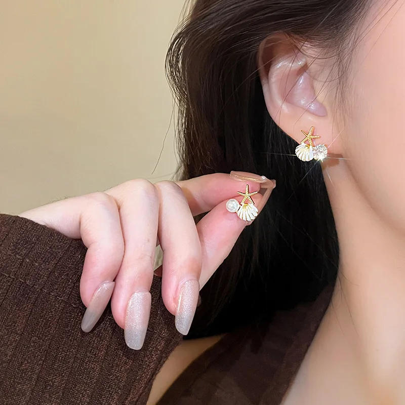 Metal Color: Light Yellow Gold Color - New Starfish Shell Imitation Pearl Enamel Asymmetric Stud Earrings For Women Girl Wedding Jewelry Lady Temperament Pendientes