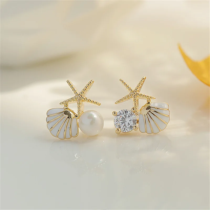 Metal Color: Light Yellow Gold Color - New Starfish Shell Imitation Pearl Enamel Asymmetric Stud Earrings For Women Girl Wedding Jewelry Lady Temperament Pendientes