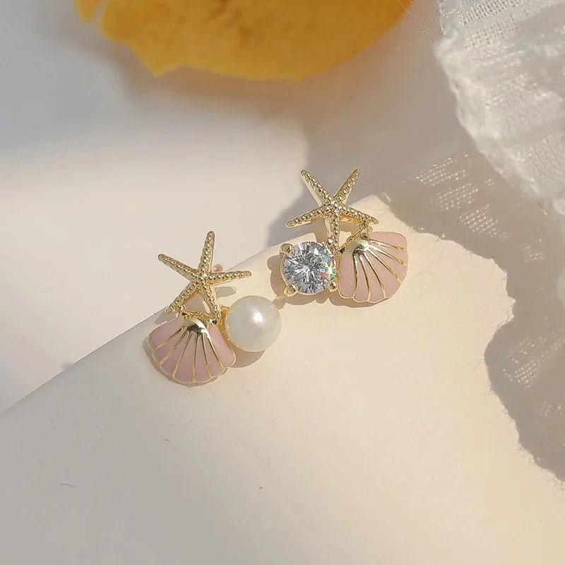 Metal Color: Light Yellow Gold Color - New Starfish Shell Imitation Pearl Enamel Asymmetric Stud Earrings For Women Girl Wedding Jewelry Lady Temperament Pendientes