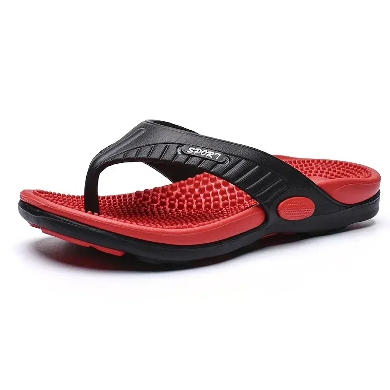 Color: Red, Shoe Size: 46 - Massage Flip Flops for Men Summer Breathable Beach Shoes Sandals Men Luxury Flip Flops Breathable Plus Plus Size Men Slippers 46