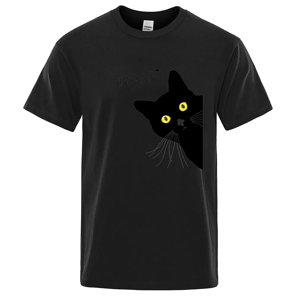 Color: Beige, Size: XL - Meow Black Cat Funny Printing Men T-Shirts Breathable Tee Clothes Summer Streetwear Tops Oversized Loose Cotton Short Sleeve