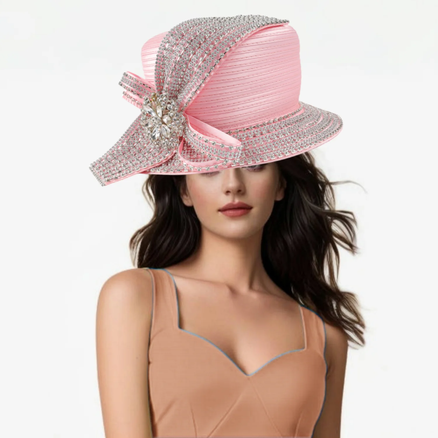 Color: Pink - Unique Satin Cloth Church Hat Perfect Photography Rhinestone Formal Top Hat Deluxe Banquet Flower Wedding Hat Female Fascinator