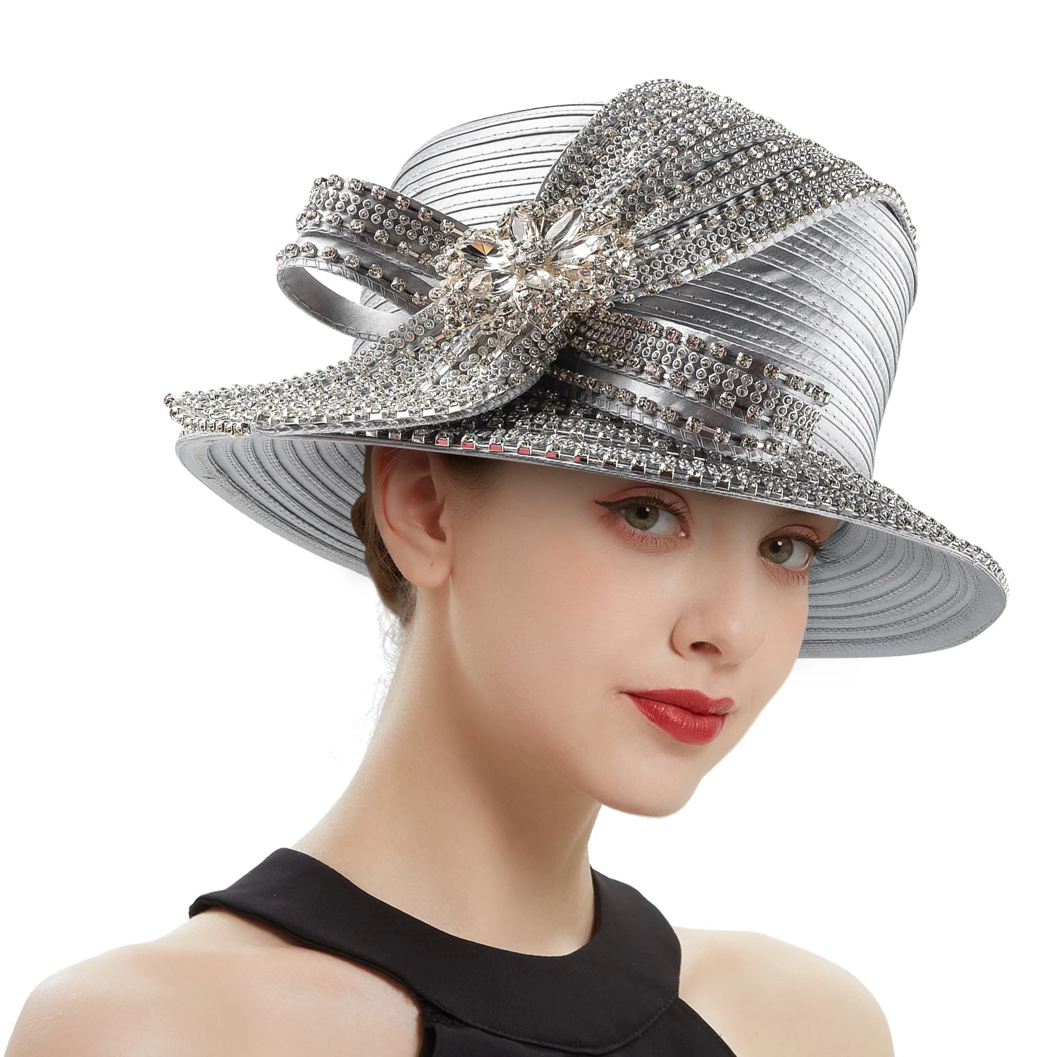 Color: Pink - Unique Satin Cloth Church Hat Perfect Photography Rhinestone Formal Top Hat Deluxe Banquet Flower Wedding Hat Female Fascinator