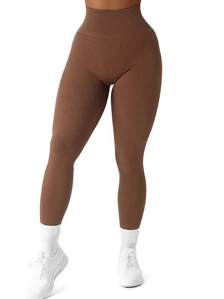 Color: Beige, Size: L - Sexy Gym Leggings Women Fitness Seamless Compression Leggings Women Running Outdoors Activewear Pants
