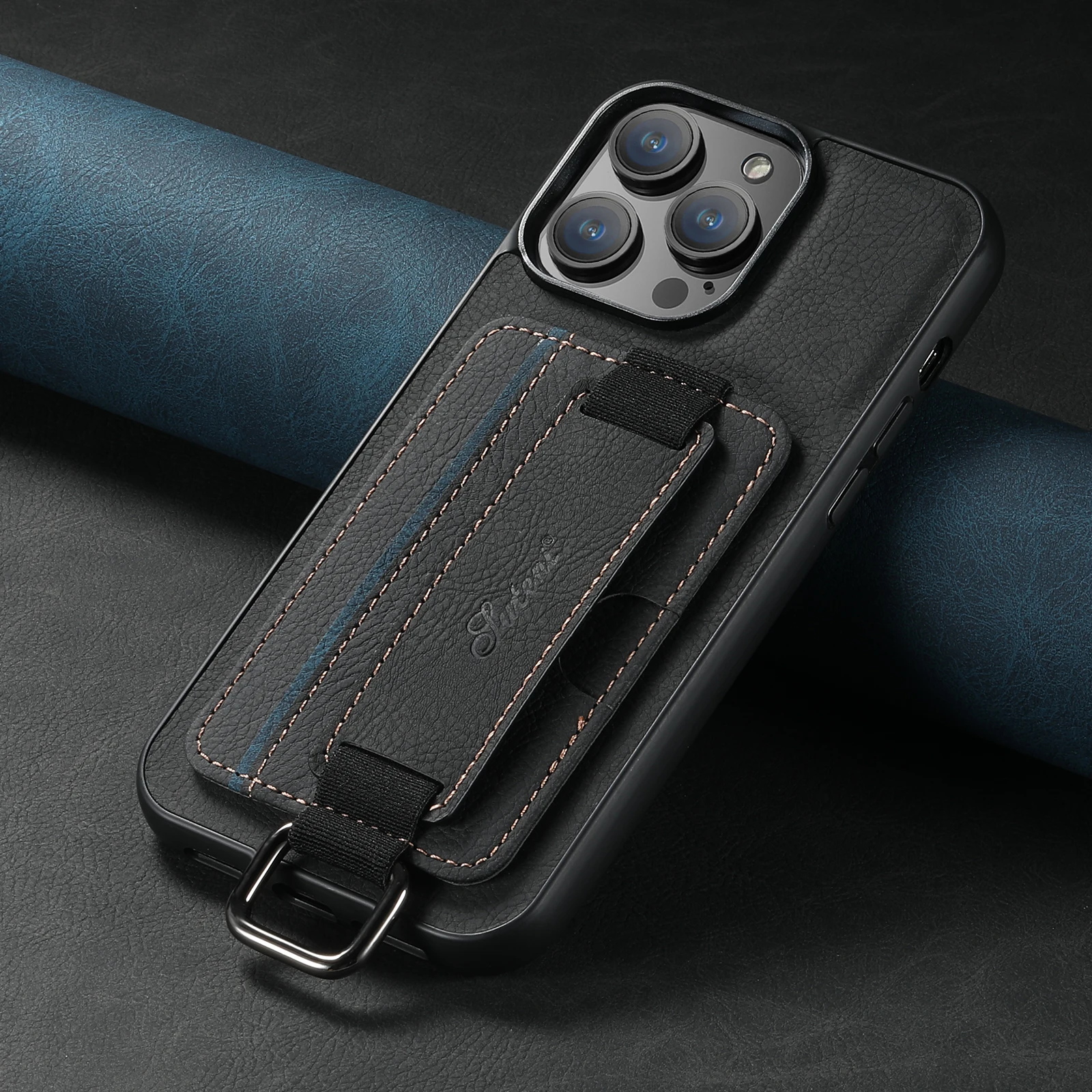 Color: black, Material: Leather - SUTENI Lychee skin print wrist strap card phone case Card holder for iPhone 16 ProMax 15 Plus 14 13 12 11 XR XS Black/blue/brown
