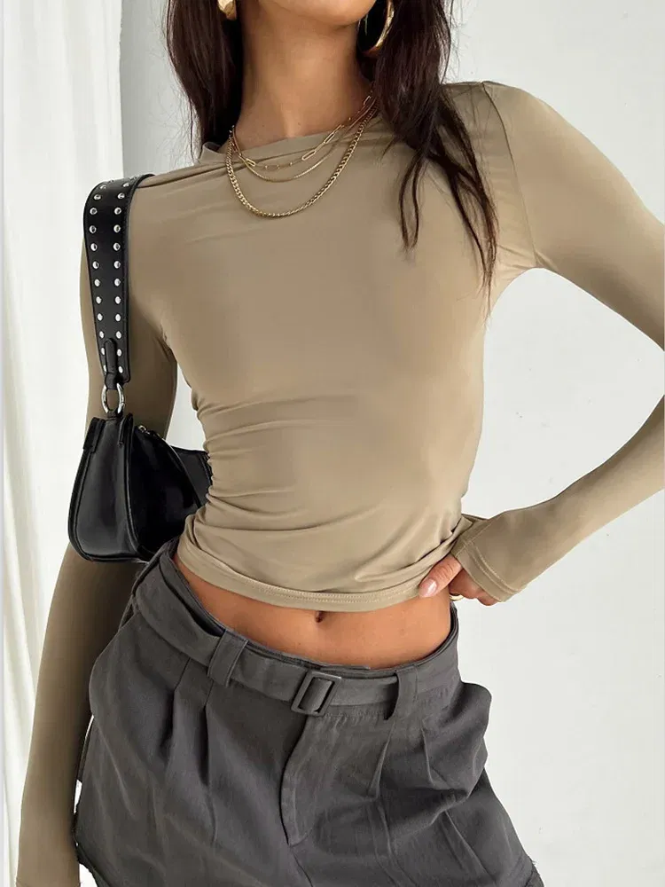 Color: Brown, Size: L - Women Casual Long Sleeve T-Shirts Spring Autumn Solid Slim Fit Pullovers Tees Shirts Female Streetwear Base Tees Tops