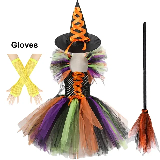 Color: Lavender, Kid Size: 5 - Halloween Witch Tutu Dress for Girls Handmade Mesh Bat Wizard Cosplay Costumes with Hat Broom Toddler Evil Party Clothes Set