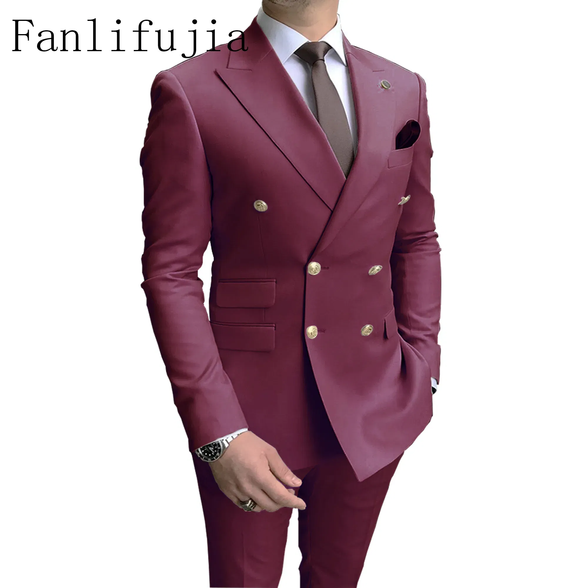 Color: Burgundy, Size: XL - Fanlifujia Store 2024 Casual Sky Blue Men Suits Double Brested Peak Lapel  Gold Button Groom Wedding Tuxedos Best Costume Homme