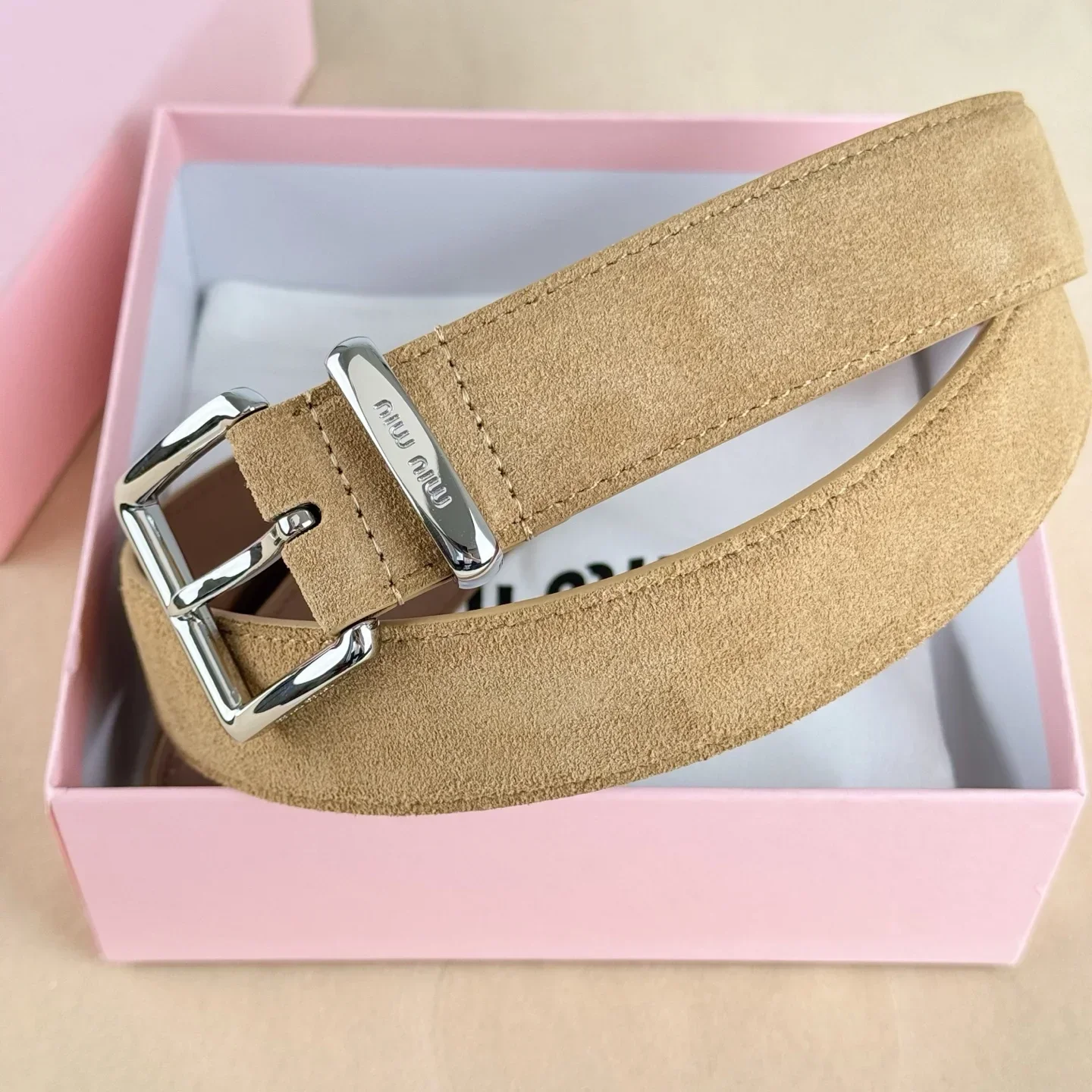 Color: WHITE, Belt Length: 75cm - High-end Gift Simple and Elegant Suede Handmade Belt Metal Buckle Fashion Belt MIU Series Trendy Women's Belt Suede Belt Luxury