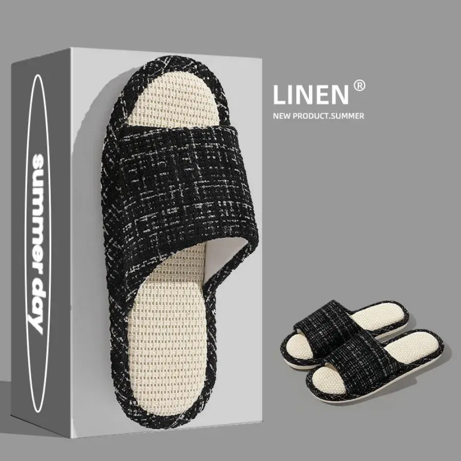 Color: Grass-Green, Shoe Size: 42-43 - 2024 New Women's Fashion Home Linen Couple Slippers Breathable Home Shoes Moisture Absorbing Anti slip Cotton Linen Slippers