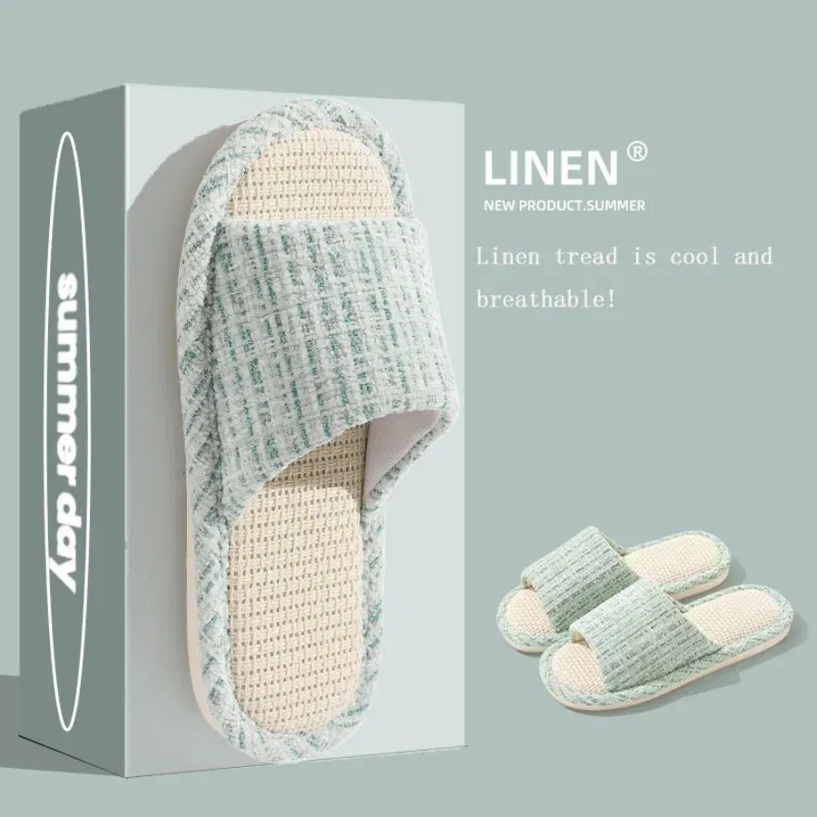 Color: Grass-Green, Shoe Size: 42-43 - 2024 New Women's Fashion Home Linen Couple Slippers Breathable Home Shoes Moisture Absorbing Anti slip Cotton Linen Slippers