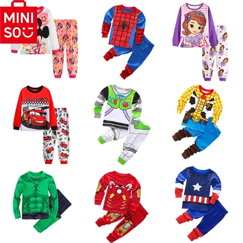 Color: Brown, Kid Size: 6 - MINISO Disney Boys Girls Pajamas Sets Kids Toddler 2 to 3 4 5 6 7 Years Cotton Long Sleeve Spring Fall Children Homewear Pijamas