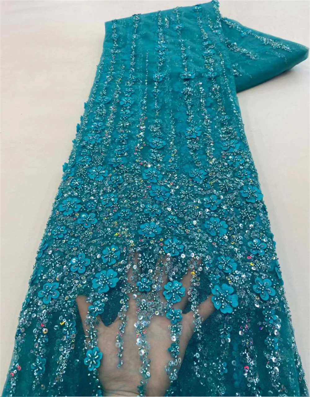Color: WHITE, Length: 5 yards, Width: 120cm - White African Beads Groom Tulle lace Fabric 2025 High Quality Sequins Embroidery French Tulle Laces For Nigeiran Party Dress