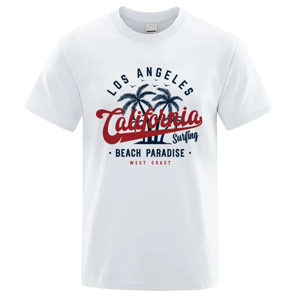Color: GRAY, Size: XXL - Los Angeles California Beach Paradise Men Tops Fashion Crewneck T Shirt Cotton Summer T-Shirt Breathable Oversize Clothes