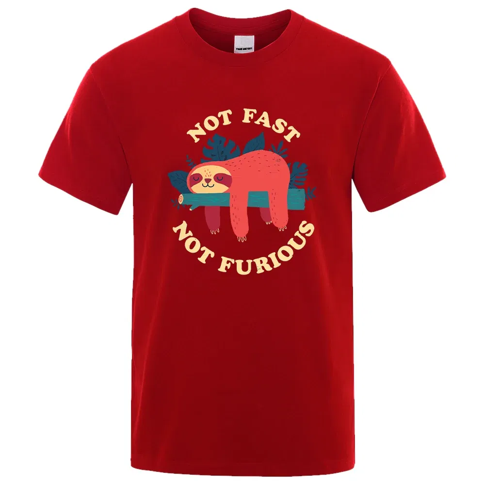 Color: Red, Size: M - Not Fast Not Furious Sloth Cute Print Men Tee Shirts Breathable Cotton Tops Street Fashion T-shirt Women Casual Summer T Shirts