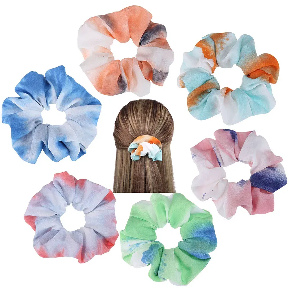 Color: Pink - Korea Chiffon Scrunchies Tie-dye Hairband Girl Colorful Headband Elastic Hair Bands Women Girls Ponytail Holder Hair Accessories