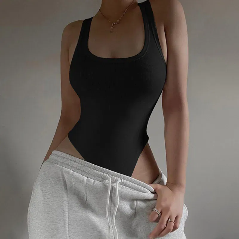 Color: WHITE, Size: M - Sleeveless Knit Bodysuit for Women, Off Shoulder Halter Tops, Casual Street Bodycon, Sexy Clubwear, Hot Summer, 2024