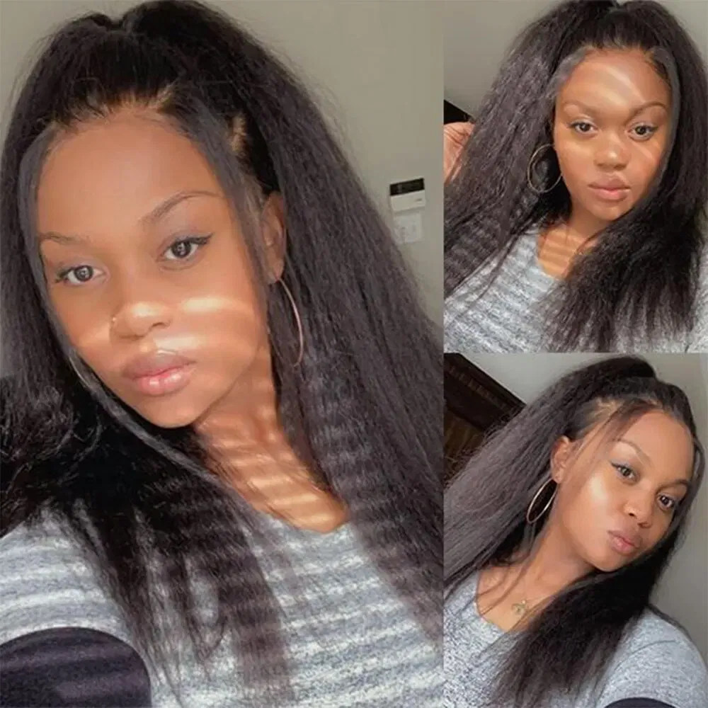 Color: Natural Color, Stretched Length: 22inches - Kinky Straight 13x4 Transparent Lace Front Wigs Human Hair 180% Density Pre Plucked Yaki Straight Human Hair Natural Color